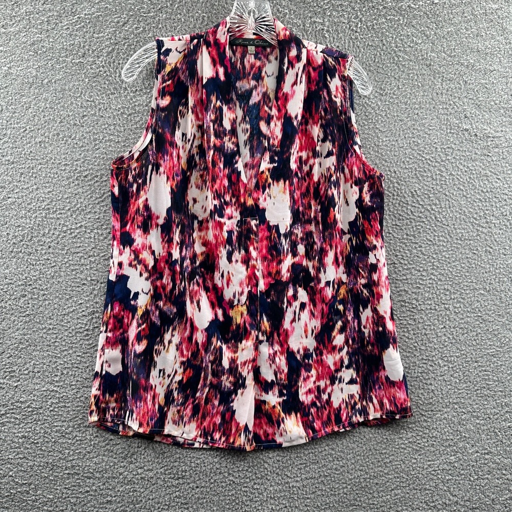 Womens Colorful Abstract Indie Artsy Sleeveless Blouse Top L Button Front Casual